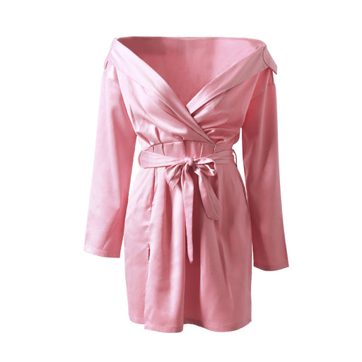 Color-Pink-Satin Retro Slim Short Dress Women Lace up Slimming Shirt Dress-Fancey Boutique