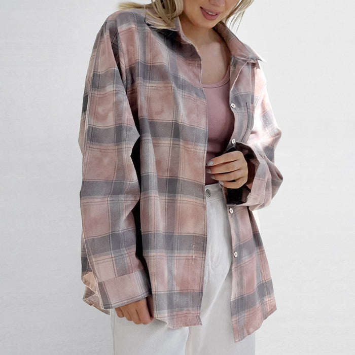 Classic Retro Loose Long Sleeve Cotton Plaid Shirt Autumn All Matching Minimalist Shirt Women Clothing-Fancey Boutique