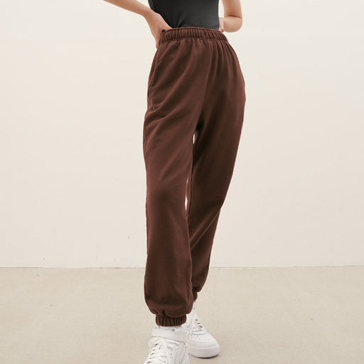 Color-Brown-Casual Sports Pants Pure Cotton Terry Women Clothing Exclusive High Waist Pants Ankle Tied Long Sweatpants-Fancey Boutique