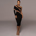 Color-Black-Women Clothing Autumn Personality Solid Color Mesh See through Diagonal Collar Sexy Slim Dress-Fancey Boutique