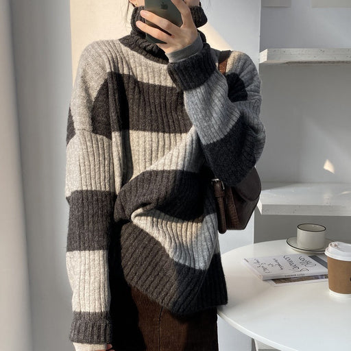 Color-Gray-Autumn Winter Thickened Warm Striped Turtleneck Long Sleeve Knitted Contrast Color Pullover Sweater-Fancey Boutique