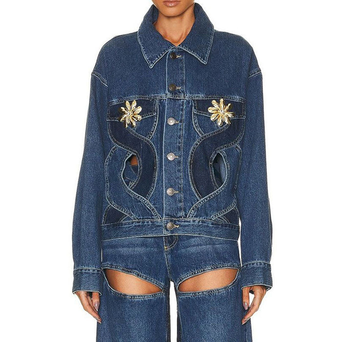 Color-Blue-Spring Hollow Out Cutout Jacket Top Unique Design Floral Casual Denim Coat for Women-Fancey Boutique