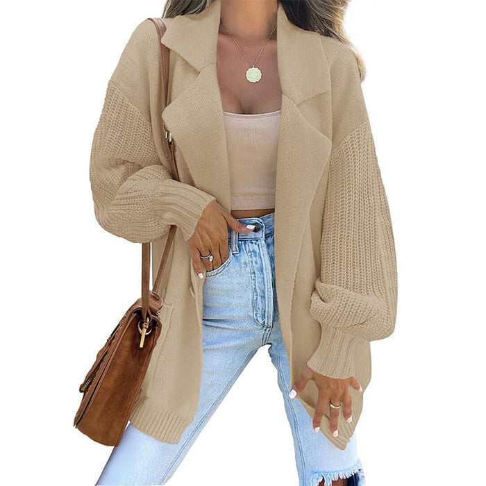 Color-Khaki-Solid Color Loose One Button Collar Pocket Sleeve Splicing Coat Sweater Cardigan for Women-Fancey Boutique