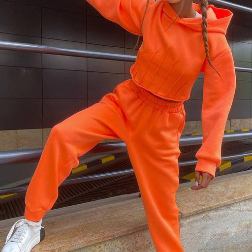 Color-Orange-Autumn Women Casual Hooded Sweater Trousers Two Piece Set-Fancey Boutique