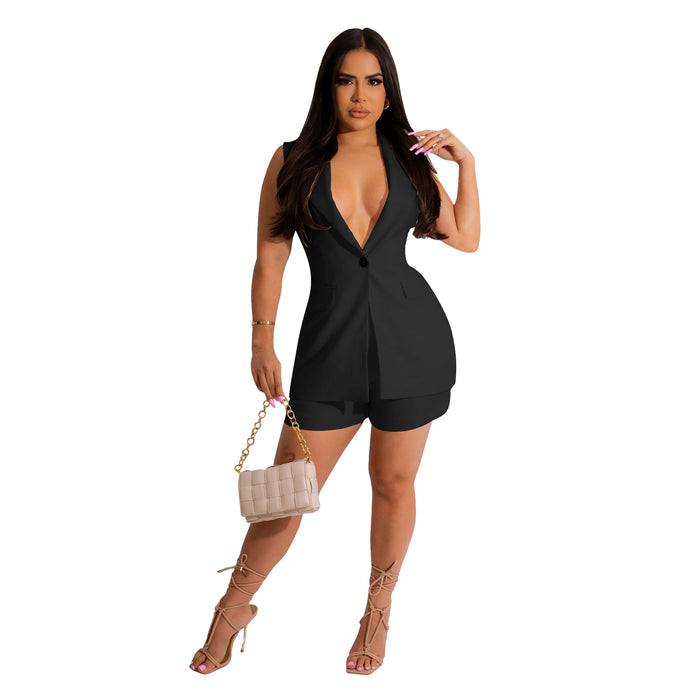 Color-Black-Women Clothing Suit Two-Piece Suit Small Blazer Sleeveless Shorts Summer-Fancey Boutique