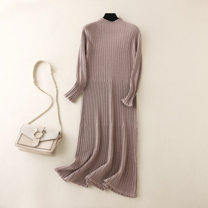 Color-Khaki-Women Clothing Overknee Dress Autumn Winter Women Half Turtleneck Striped Knitted Bottoming Dress Slim Fit-Fancey Boutique