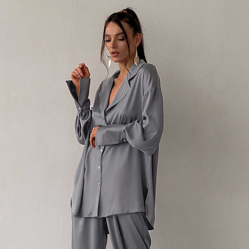 Color-Dark Grey-Autumn Ice Silk Skin Friendly Cardigan Homewear Two Piece Casual Long Sleeve Pants Textured Women-Fancey Boutique