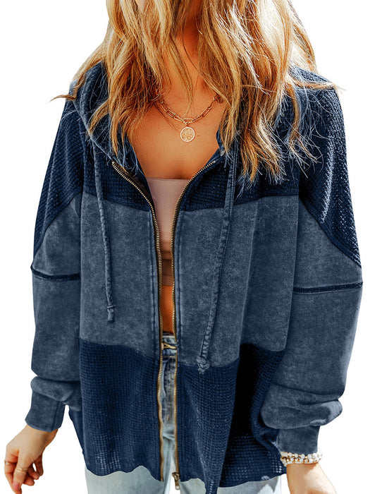 Color-Dark Blue-Personalized Colorblock Hood Jacket Women Autumn Retro Washed Waffle Drawstring Long Sleeve Top Women-Fancey Boutique