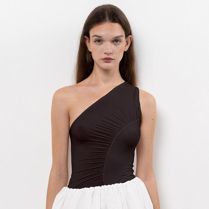 Color-Black-Sexy Asymmetric Special Interest Design Solid Color Oblique Shoulder Tops Women Slim Fit Slimming-Fancey Boutique