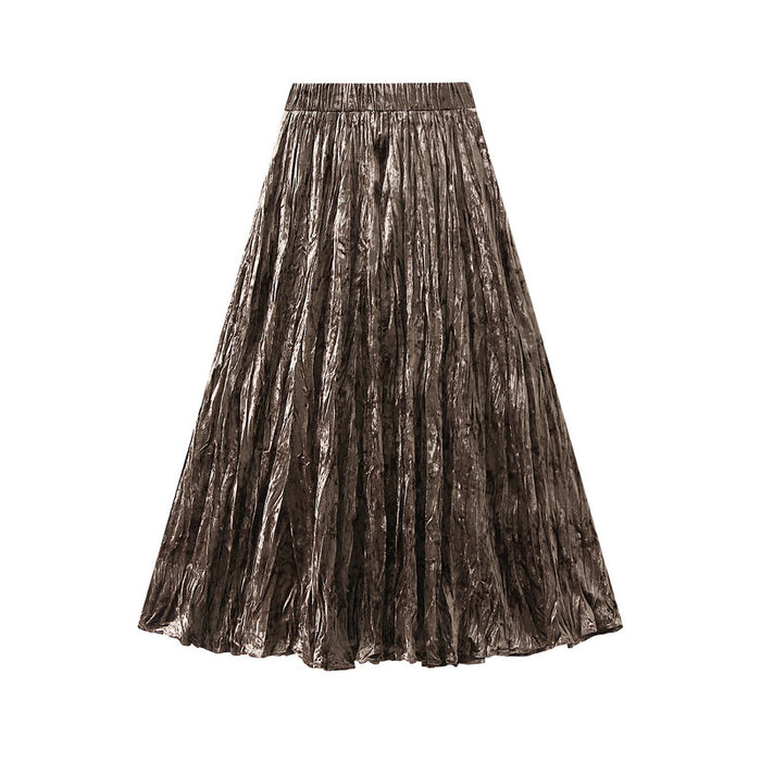Color-Khaki-Pleated Velvet Skirt Women Autumn Winter High Waist A Line Skirt Mid Long Slim Pleated Skirt-Fancey Boutique