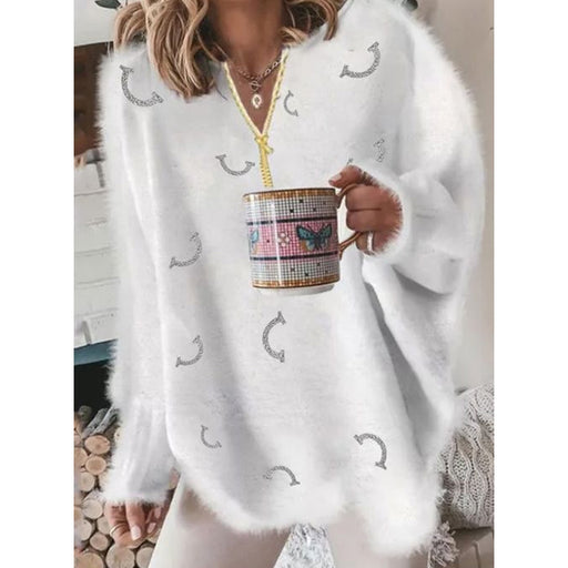 Color-Smiley Face White-Winter Thermal Knitting Mid Length Sexy V Neck Pullover Loose Printed Smiley Sweater Sweater Women-Fancey Boutique
