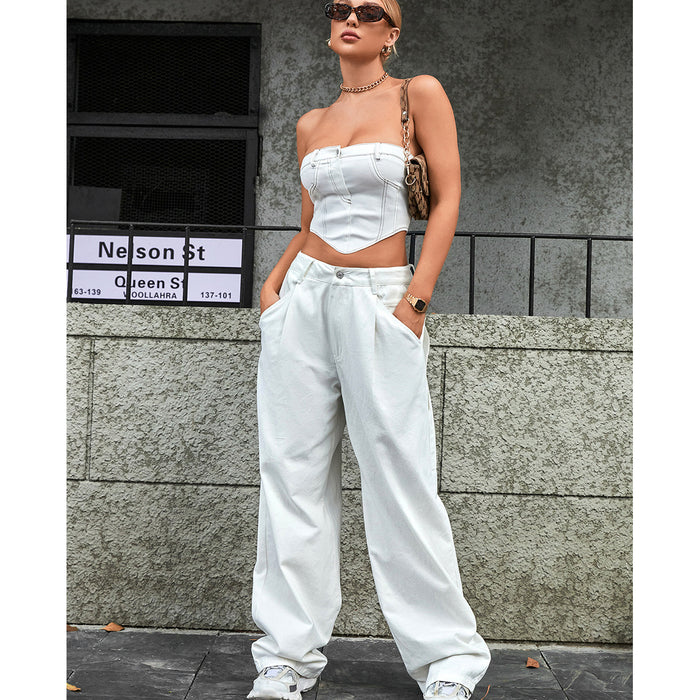 Women Clothing Trendy Thin Looking Casual High Waist Loose Denim Trousers-Fancey Boutique