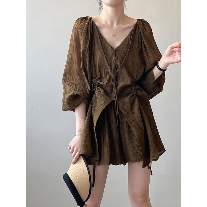 Tencel Retro Suit Women Summer V Neck Lace Up Pleated Drawstring Shirt Wide Leg Shorts-Coffee-Fancey Boutique