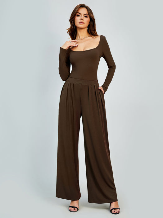 Color-Coffee-Winter Solid Color Casual Straight Leg Pants Women Drape Wide Leg High Waist Slimming Office-Fancey Boutique
