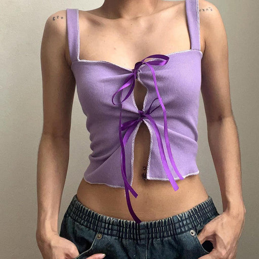 Color-Pure Purple Charming White Square Collar Hollow Out Cutout Double Shoulder Strap Vest Summer Sexy Slimming Inner Top-Fancey Boutique