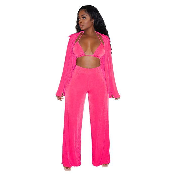 Color-Pink-Women Clothing Long-Sleeved Bikini Wide-Leg Pants Solid Color Casual Set-Fancey Boutique