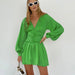 Color-Green-Fall Office Matte Satin French Dress Women Elegant Pleated Green V neck Lantern Sleeve Dress-Fancey Boutique