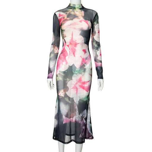 Retro Random Printing Reverse Round Neck Long Sleeve Tied Maxi Dress-Pink-Fancey Boutique
