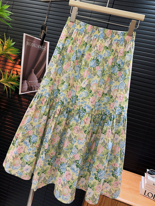 Floral Skirt Women Summer High Waist Slimming Loose Cover A line Skirt Mid Length Skirt-Peony Green-Fancey Boutique