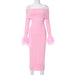 Color-Pink-Women Clothing Autumn Solid Color off Shoulder Dress Personality Fur Sleeve Slim Fit Maxi Dress-Fancey Boutique