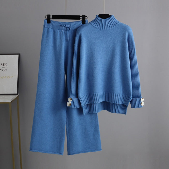 Color-Blue-Autumn Winter Knitting Suit Women Trendy Semi-High Collar Sweater Thickened Outer Wear Loose two piece set-Fancey Boutique