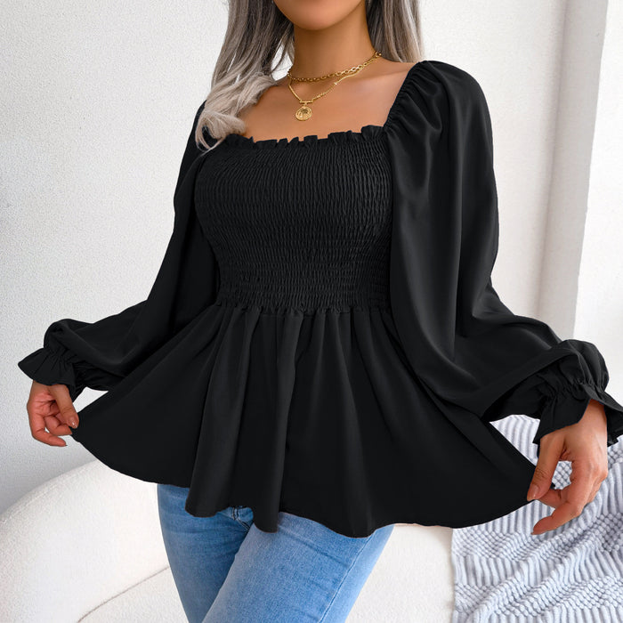 Color-Black-Spring Summer Casual Wooden Ear Square Collar Long Sleeve Chiffon Shirt Women Clothing-Fancey Boutique