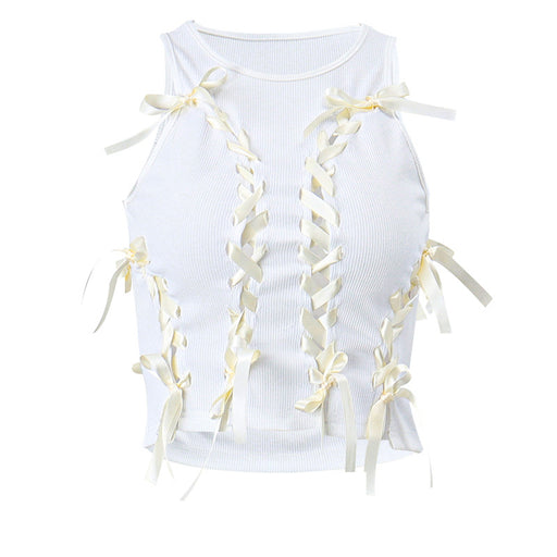 Color-White-Spring Top Product Round Neck Hollow Out Cutout Cross Tie Bow Short Sleeveless Vest-Fancey Boutique