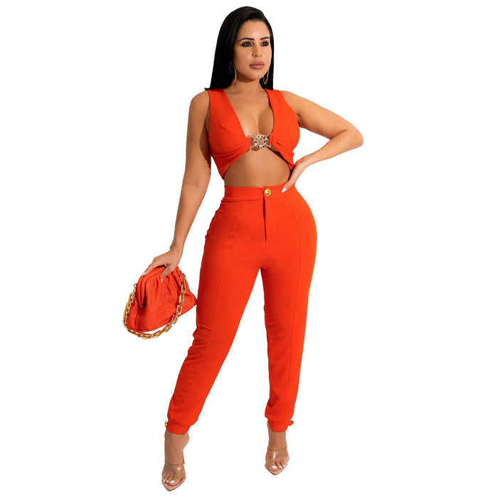 Color-Orange-Solid Color Tight Sleeveless Knitted Two-Piece Vest Pants Suit for Women-Fancey Boutique
