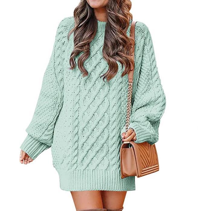 Color-Light Green-Round Neck Long Sleeve Twisted Knitted Thick Needle Pullover Mid Length Sweater Women Dress-Fancey Boutique