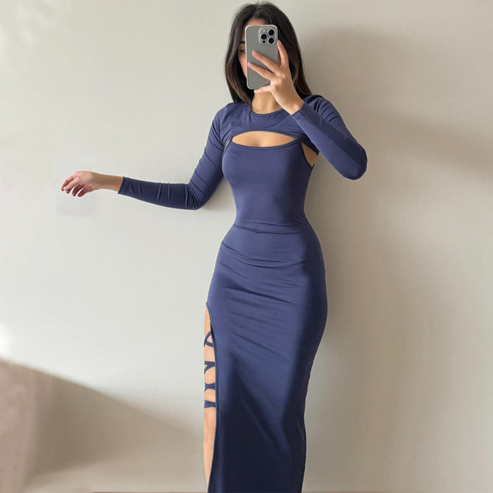 Color-Women Clothing Spring Long Sleeved Shawl Strap Sexy Sleeveless Split Hip Dress Set Women-Fancey Boutique