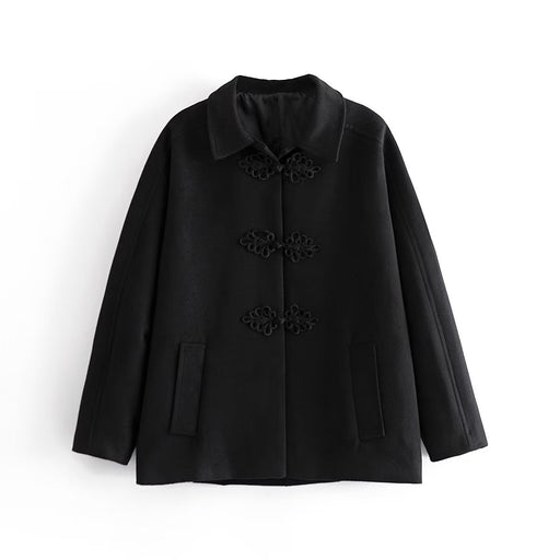 Color-Black-Winter String Button Wool Overcoat Solid Color Mid Length Coat-Fancey Boutique