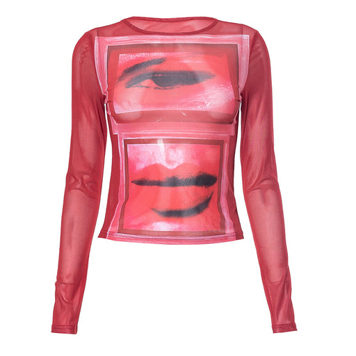 Color-Red-Retro Spicy Girl Printed See through Thin Pullover Round Neck Long Sleeves Skinny Slimming Top for Women Summer-Fancey Boutique