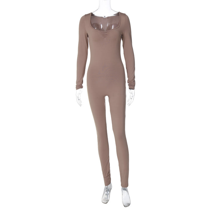 Color-Nude-Winter Solid Color Square Collar Pleated Long Sleeve Slim Fit Sports Yoga Jumpsuit Women-Fancey Boutique