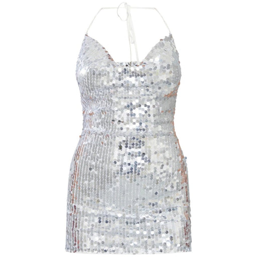 Color-Silver-Women Sexy Sequin Sequin Sling Sheath Dress Nightclub Low Cut Backless Dress Women-Fancey Boutique