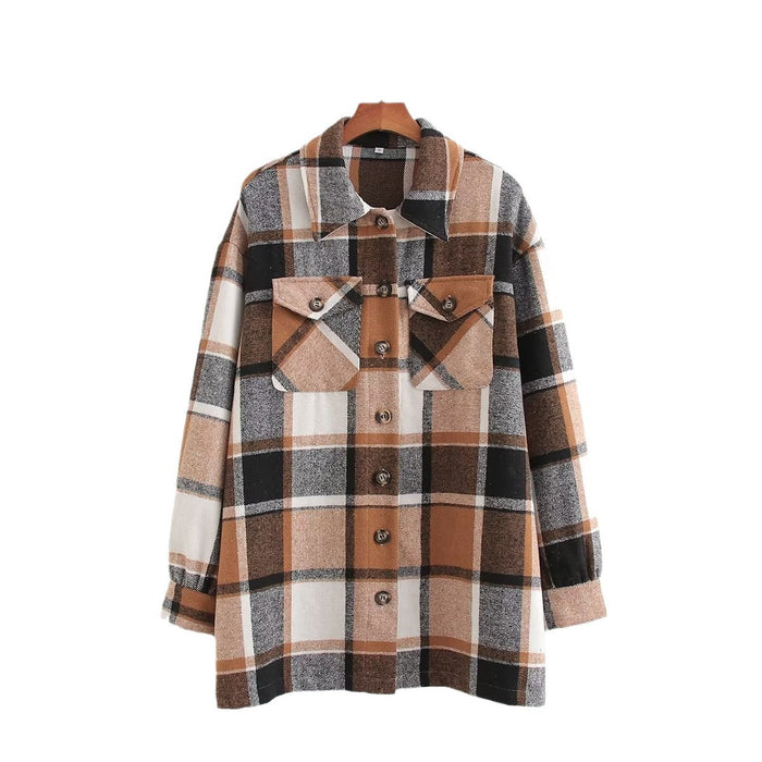 Color-Multi-Women Clothing Mid Length Al Match Plaid Collared Shirt Trendy Casual Jacket-Fancey Boutique