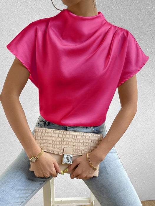 Summer Shirt Pullover Irregular Asymmetric Half Turtleneck Solid Color Silk like Office Sleeve Top-Coral Red-Fancey Boutique