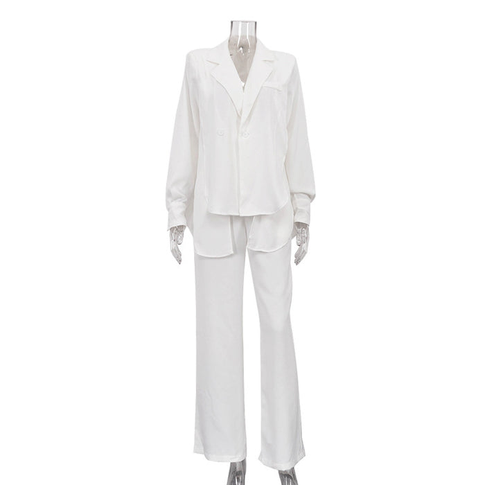 Women Autumn Casual Asymmetric Blazer Wide Leg Pants Two Piece Set-White-Fancey Boutique