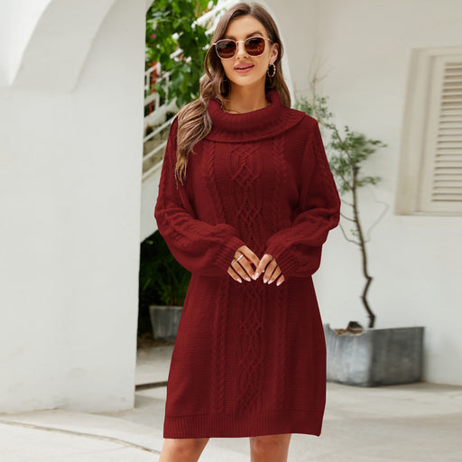 Color-Burgundy-Fall Winter Sweater Dress All-Matching Loose Knitted Dress Solid Color Twisted Long Turtleneck Sweater-Fancey Boutique
