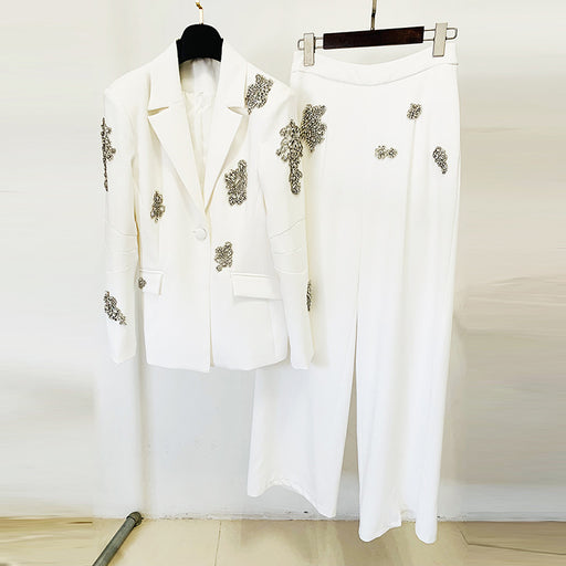 Heavy Industry Beads Diamond Embedded One Button Blazer Wide Leg Pants Suit Two Pieces-White-Fancey Boutique