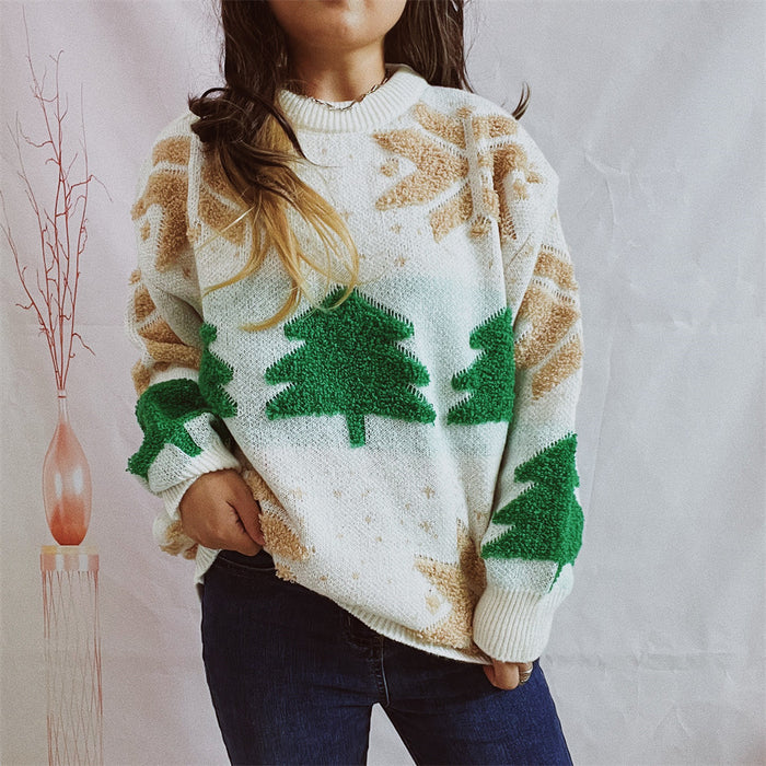 Color-White-Autumn Winter Christmas Tree Jacquard Round Neck Long Sleeved Thickened Knitted Pullover Christmas Sweater for Women-Fancey Boutique