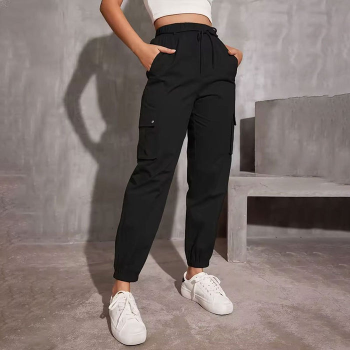 European Overalls Women Spring Autumn High Waist Wide Leg Ankle Tied Small Casual Slimming Gray Sports Pants Women-Black-Fancey Boutique