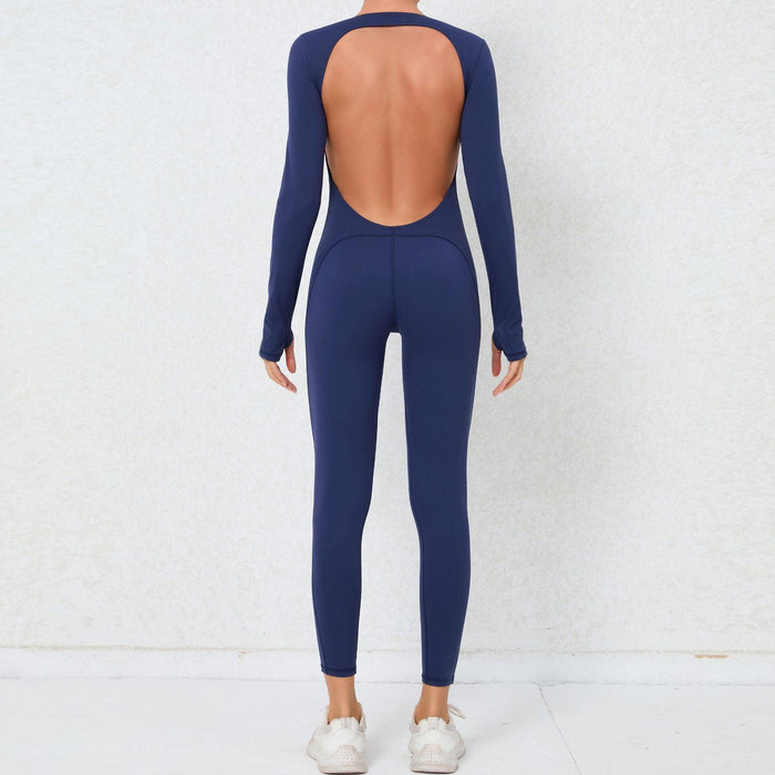 Color-Navy Blue-Finger Suit Sexy Backless Nude Feel Long Sleeve Yoga Jumpsuit High Strength Fitness Sports One Piece Tights-Fancey Boutique