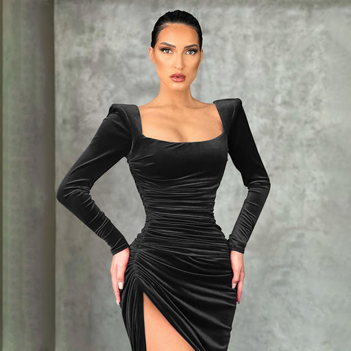 Color-Black-Women Clothing Winter Sexy Square Neck Fold High Waist Tuxedo Dress-Fancey Boutique