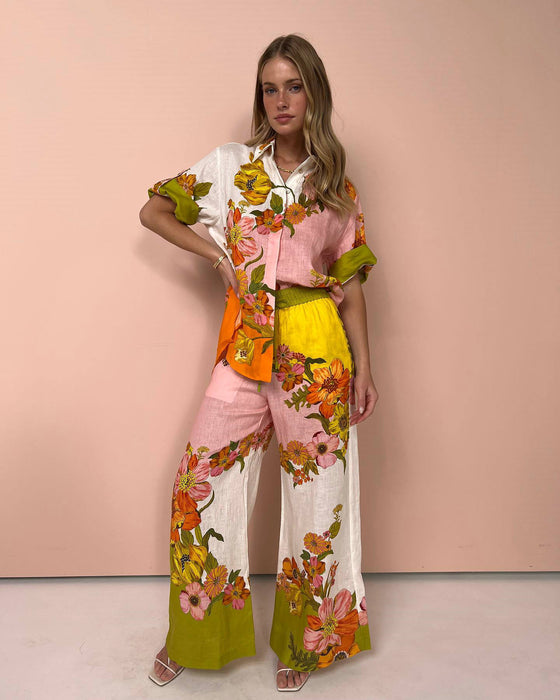 Color-Two-Piece Suit-Printed Cotton Linen Two-Piece Suit Outfit Top Wide Leg Pants-Fancey Boutique