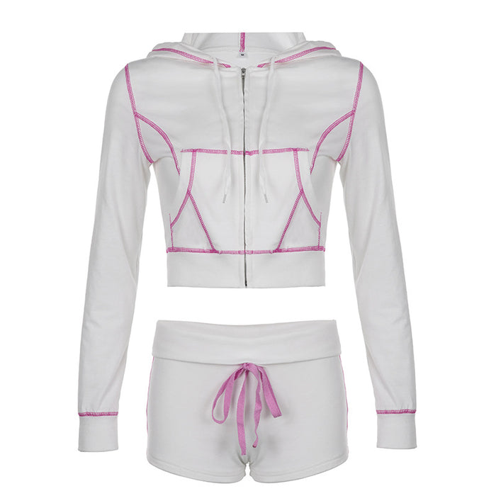 Color-White-Women White Cardigan Zipper Short Coat Base Shorts Sports Two Piece Set Autumn-Fancey Boutique