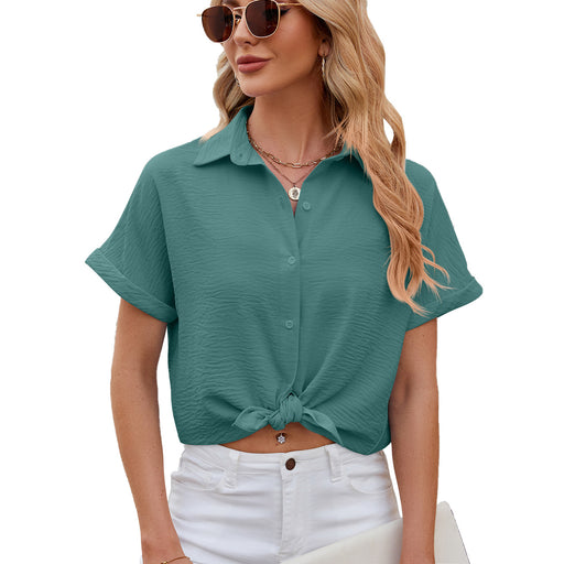 Color-Dark Green-Spring Summer Solid Color Polo Collar Short Sleeved Shirt Button Loose Chiffon Shirt-Fancey Boutique