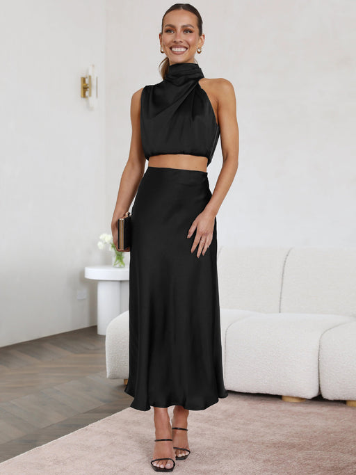 Color-Black-Summer Women Clothing Sexy Scarf Top Draping Skirt Casual Set Women Evening Dress-Fancey Boutique