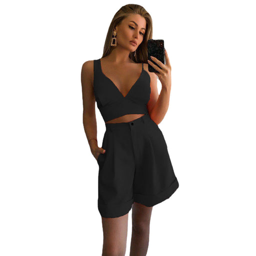 Color-Black-Spring Summer Women Solid Color Two Piece Tube Top High Waist Shorts Sets-Fancey Boutique