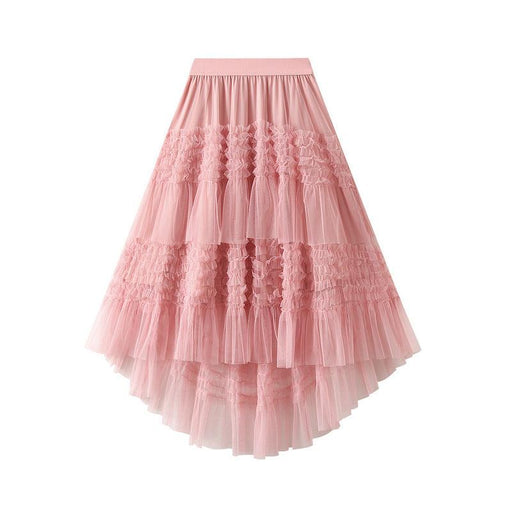 Color-Pink-Fungus Irregular Asymmetric Solid Color Cake Pettiskirt Fairy Dress Large Swing Stitching Mesh Half Length Skirt-Fancey Boutique