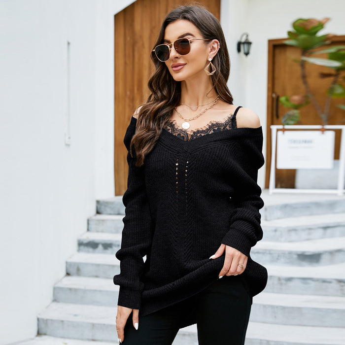 Color-Black V-neck Sweater-Sexy Lace Stitching Pullover V neck Sweater Women Loose False Two Pieces Top Sweater-Fancey Boutique